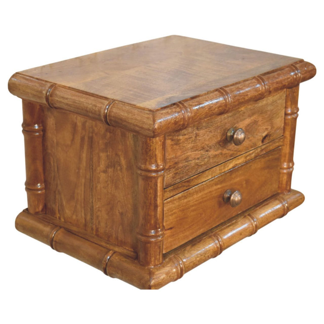 Brown Lacquered Amber Oak Solid Mango Wood Chunky Bedside with 2 Drawers & Spindle Design