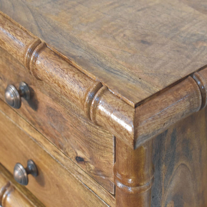 Brown Lacquered Amber Oak Solid Mango Wood Chunky Bedside with 2 Drawers & Spindle Design