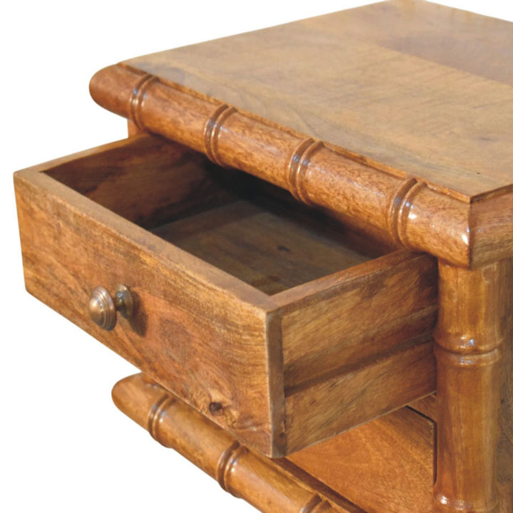 Brown Lacquered Amber Oak Solid Mango Wood Chunky Bedside with 2 Drawers & Spindle Design