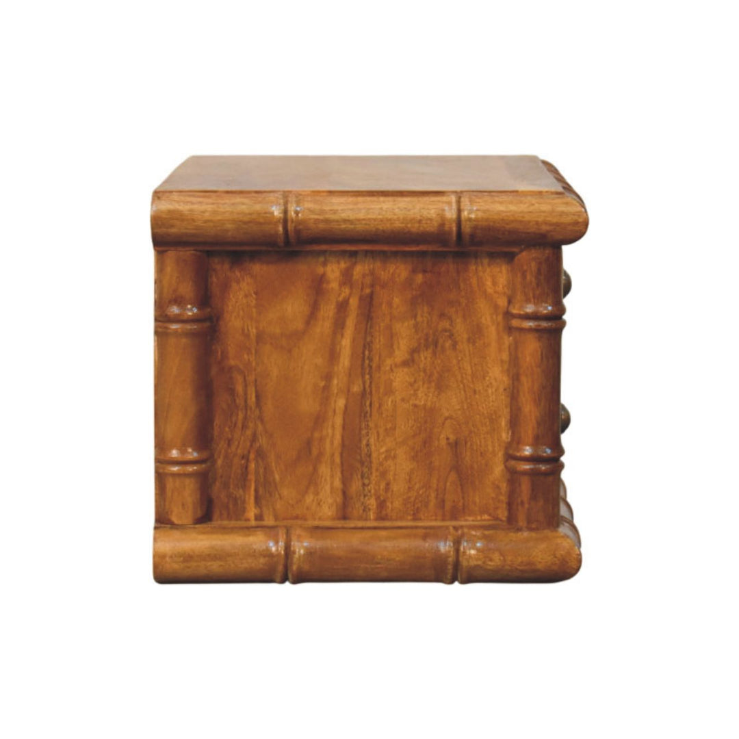Brown Lacquered Amber Oak Solid Mango Wood Chunky Bedside with 2 Drawers & Spindle Design