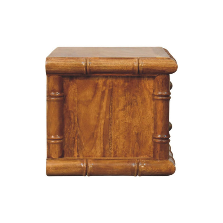 Brown Lacquered Amber Oak Solid Mango Wood Chunky Bedside with 2 Drawers & Spindle Design