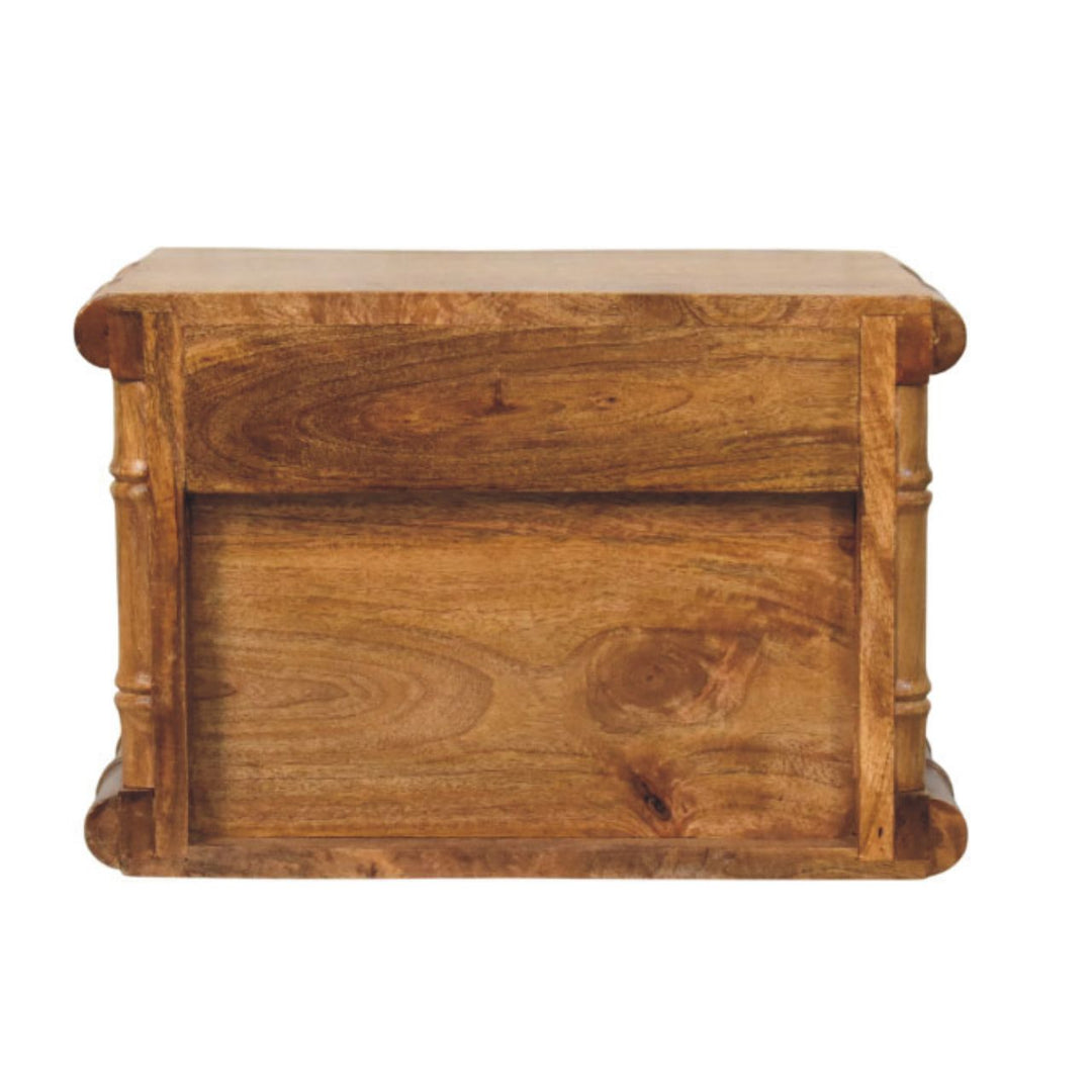 Brown Lacquered Amber Oak Solid Mango Wood Chunky Bedside with 2 Drawers & Spindle Design