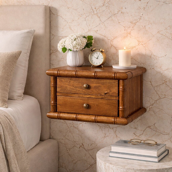 Brown Lacquered Amber Oak Solid Mango Wood Chunky Bedside with 2 Drawers & Spindle Design