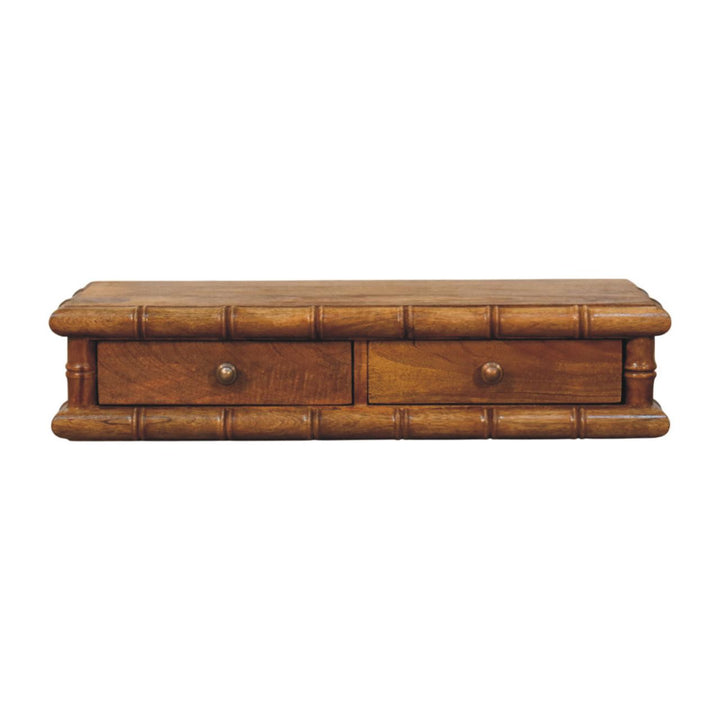 Brown Lacquered Solid Mango Wood Bamboo Wall Console with 2 Drawers & Double-Door Cupboard
