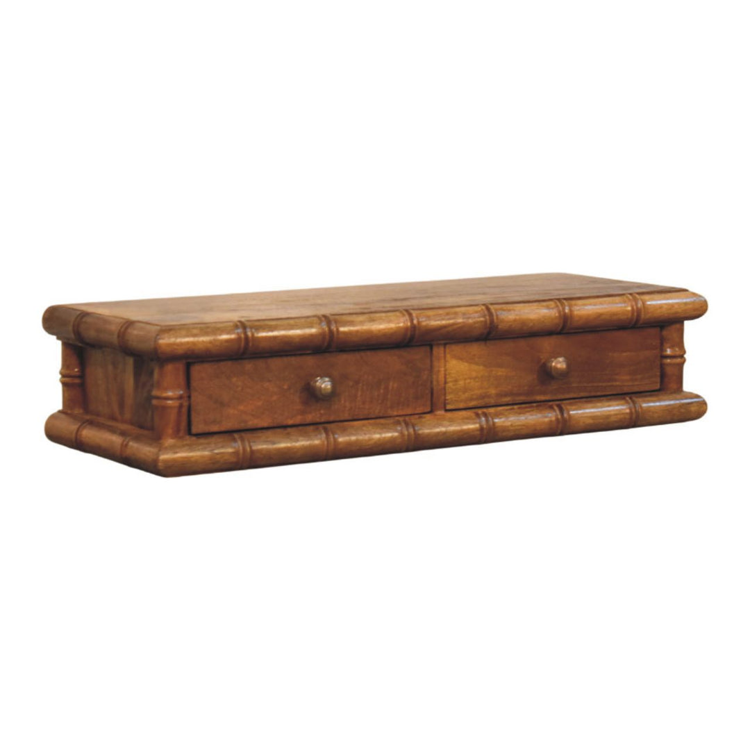 Brown Lacquered Solid Mango Wood Bamboo Wall Console with 2 Drawers & Double-Door Cupboard