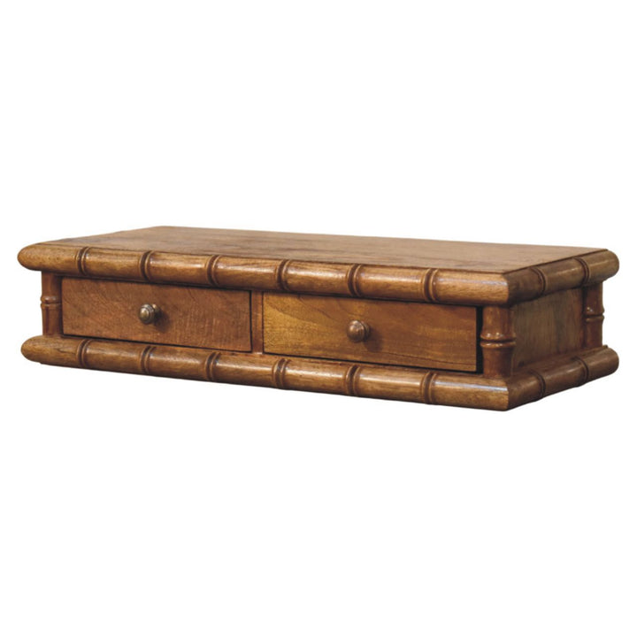 Brown Lacquered Solid Mango Wood Bamboo Wall Console with 2 Drawers & Double-Door Cupboard