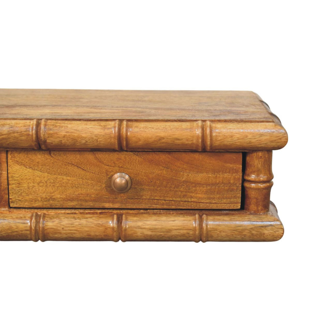 Brown Lacquered Solid Mango Wood Bamboo Wall Console with 2 Drawers & Double-Door Cupboard