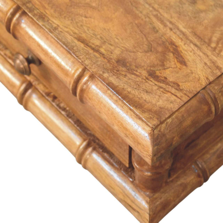 Brown Lacquered Solid Mango Wood Bamboo Wall Console with 2 Drawers & Double-Door Cupboard