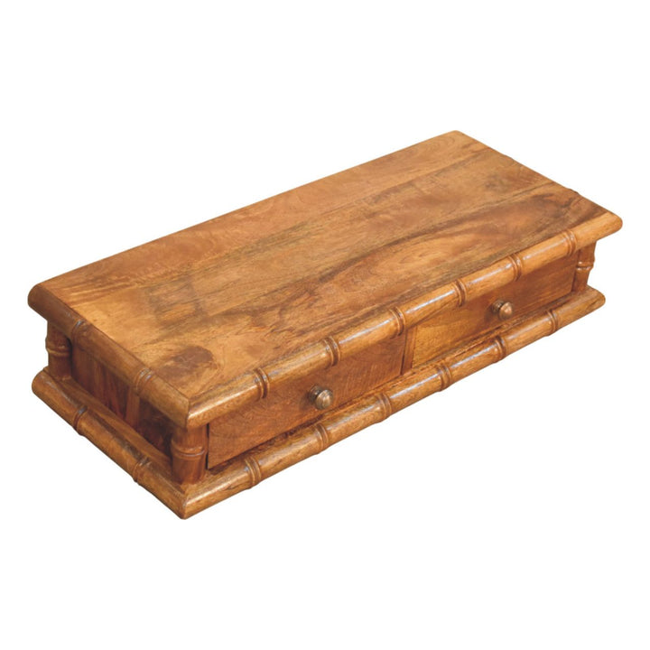 Brown Lacquered Solid Mango Wood Bamboo Wall Console with 2 Drawers & Double-Door Cupboard