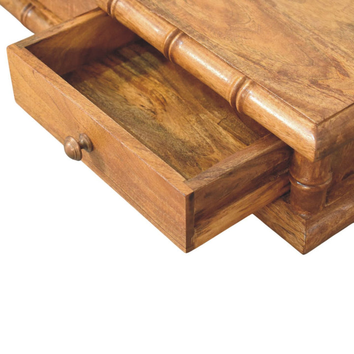 Brown Lacquered Solid Mango Wood Bamboo Wall Console with 2 Drawers & Double-Door Cupboard