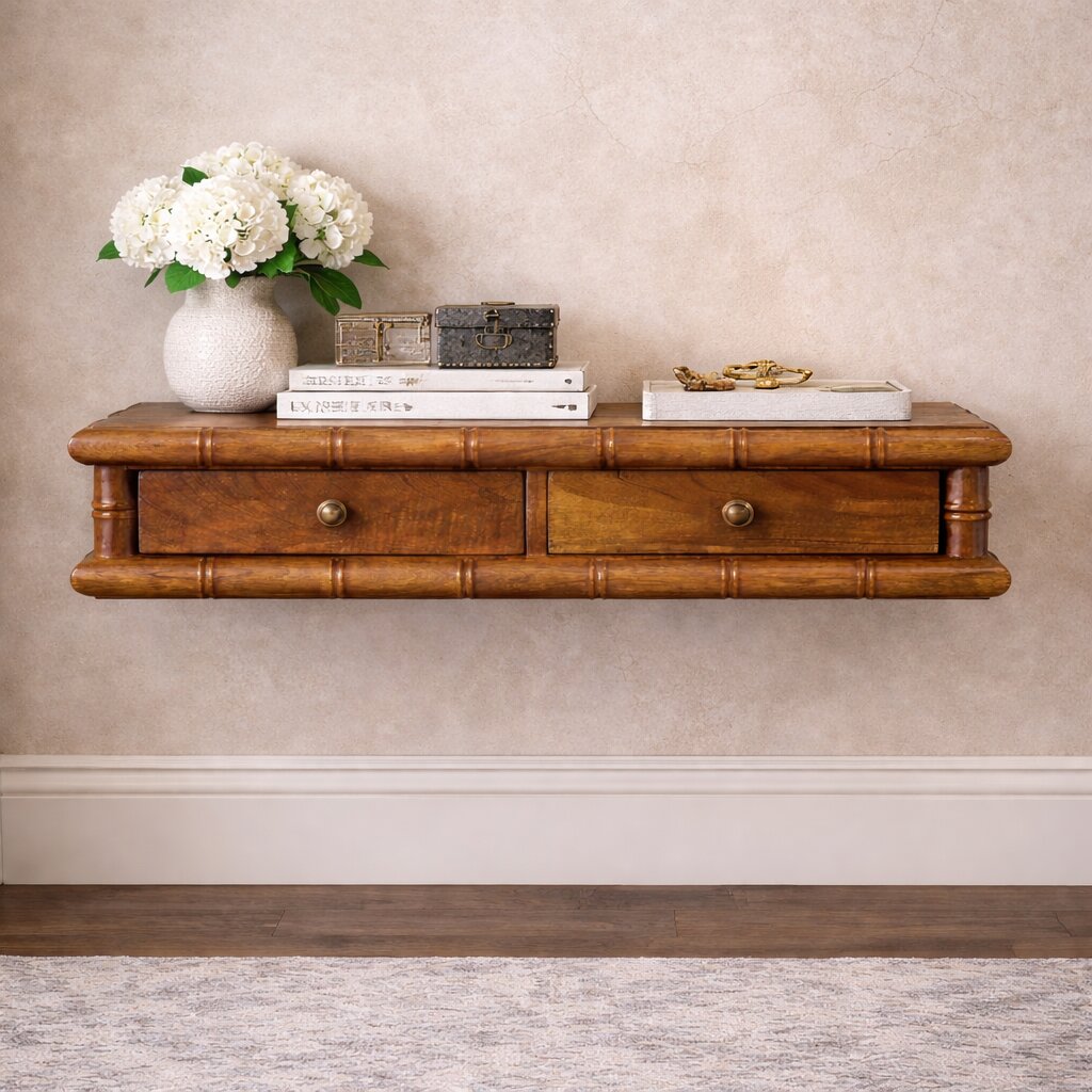 Brown Lacquered Solid Mango Wood Bamboo Wall Console with 2 Drawers & Double-Door Cupboard