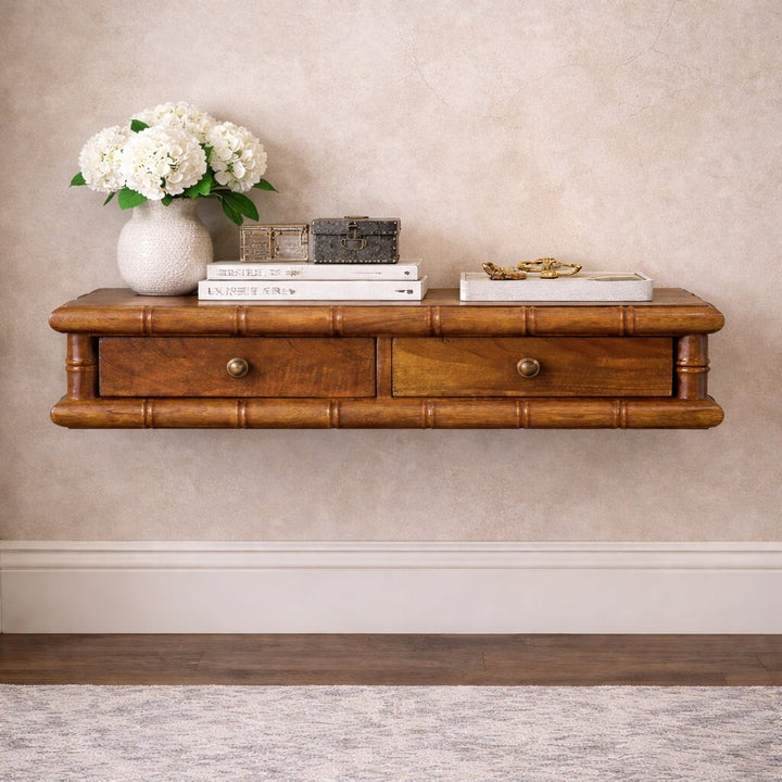 Brown Lacquered Solid Mango Wood Bamboo Wall Console with 2 Drawers & Double-Door Cupboard
