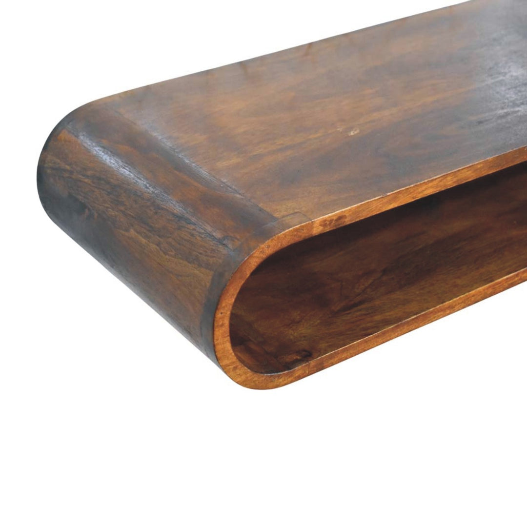 Brown Lacquered Amber Oak Solid Mango Wood Chunky TV Stand with Bamboo-Inspired Design