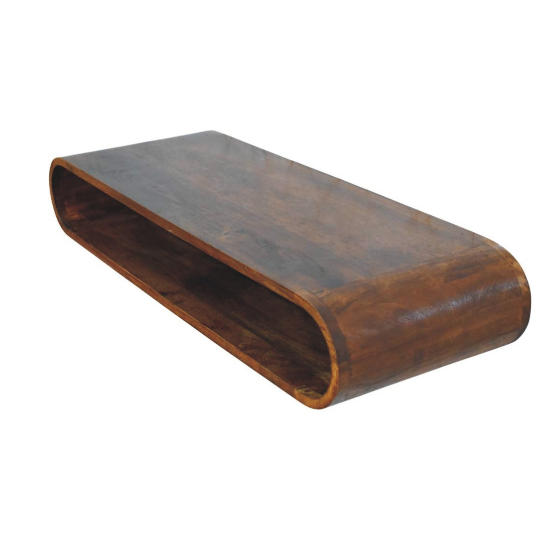 Brown Lacquered Amber Oak Solid Mango Wood Chunky TV Stand with Bamboo-Inspired Design
