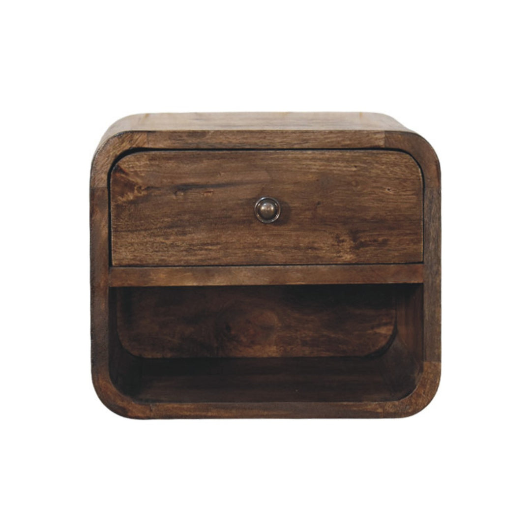 Brown Lacquered Solid Mango Wood Rounded Bedside Table with 1 Drawer & Open Niche