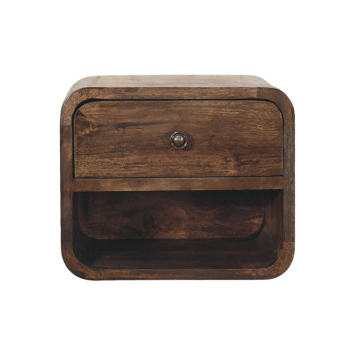 Brown Lacquered Solid Mango Wood Rounded Bedside Table with 1 Drawer & Open Niche