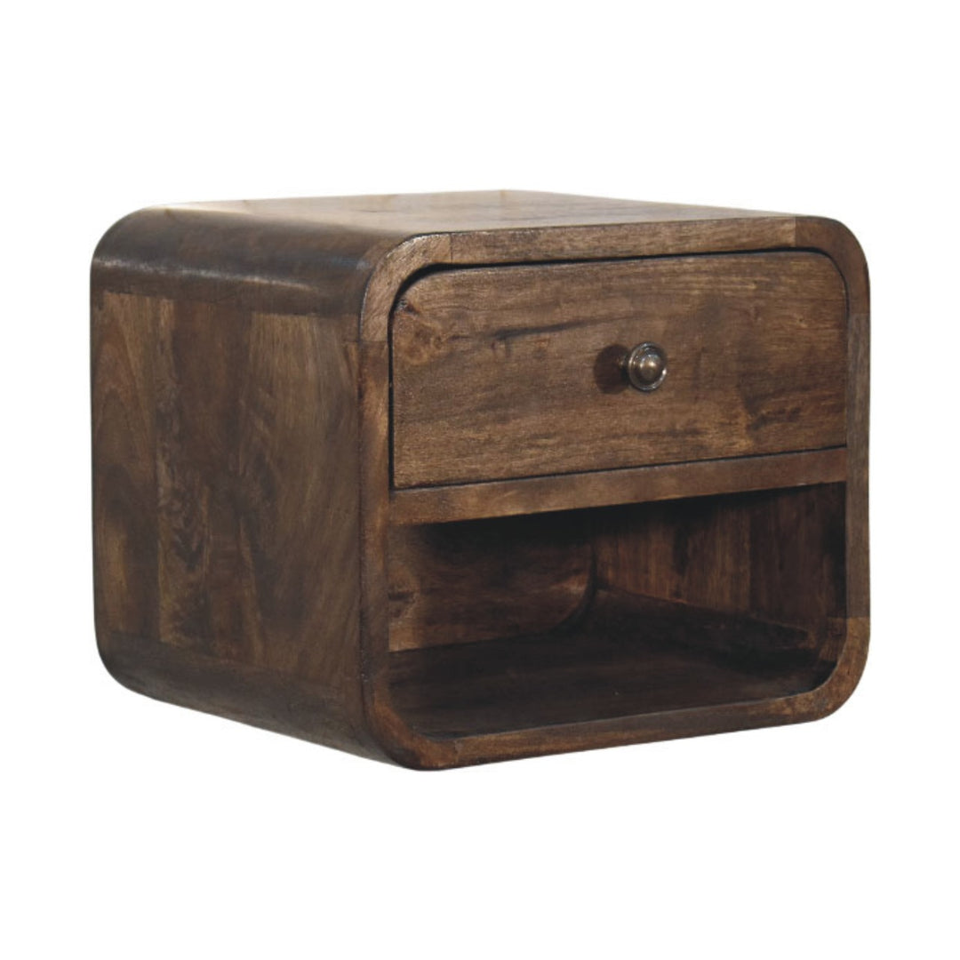 Brown Lacquered Solid Mango Wood Rounded Bedside Table with 1 Drawer & Open Niche