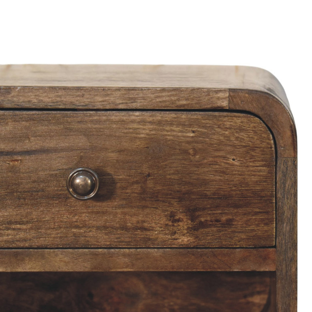 Brown Lacquered Solid Mango Wood Rounded Bedside Table with 1 Drawer & Open Niche