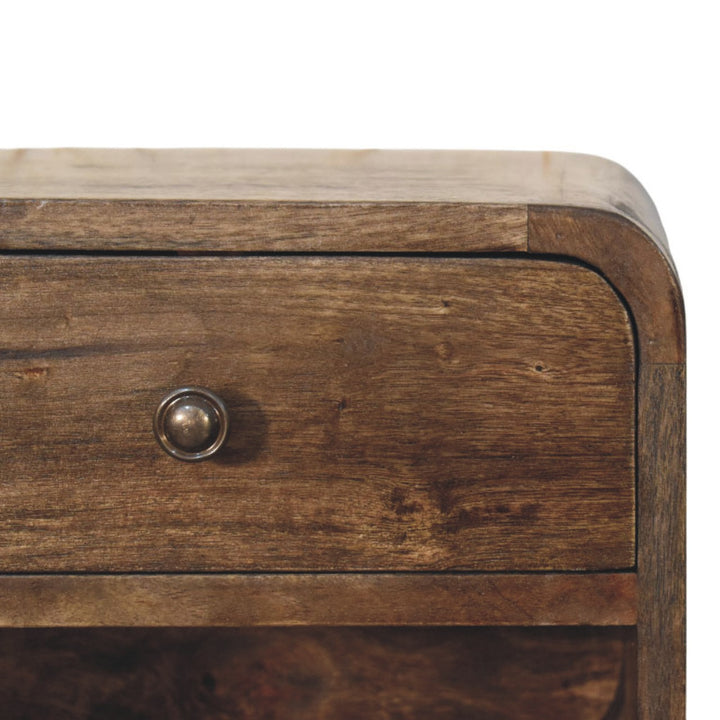 Brown Lacquered Solid Mango Wood Rounded Bedside Table with 1 Drawer & Open Niche