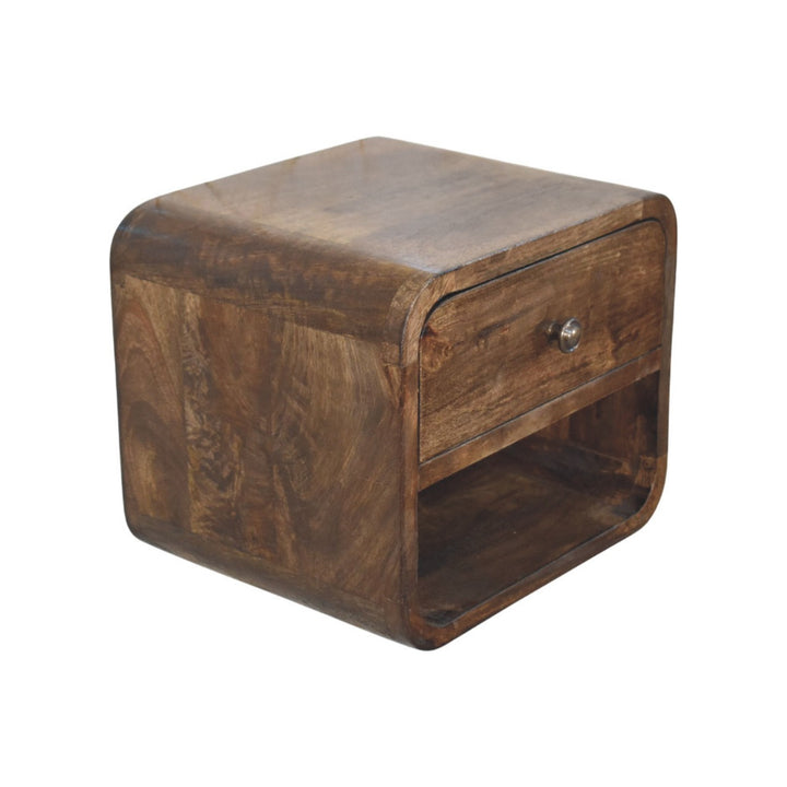 Brown Lacquered Solid Mango Wood Rounded Bedside Table with 1 Drawer & Open Niche