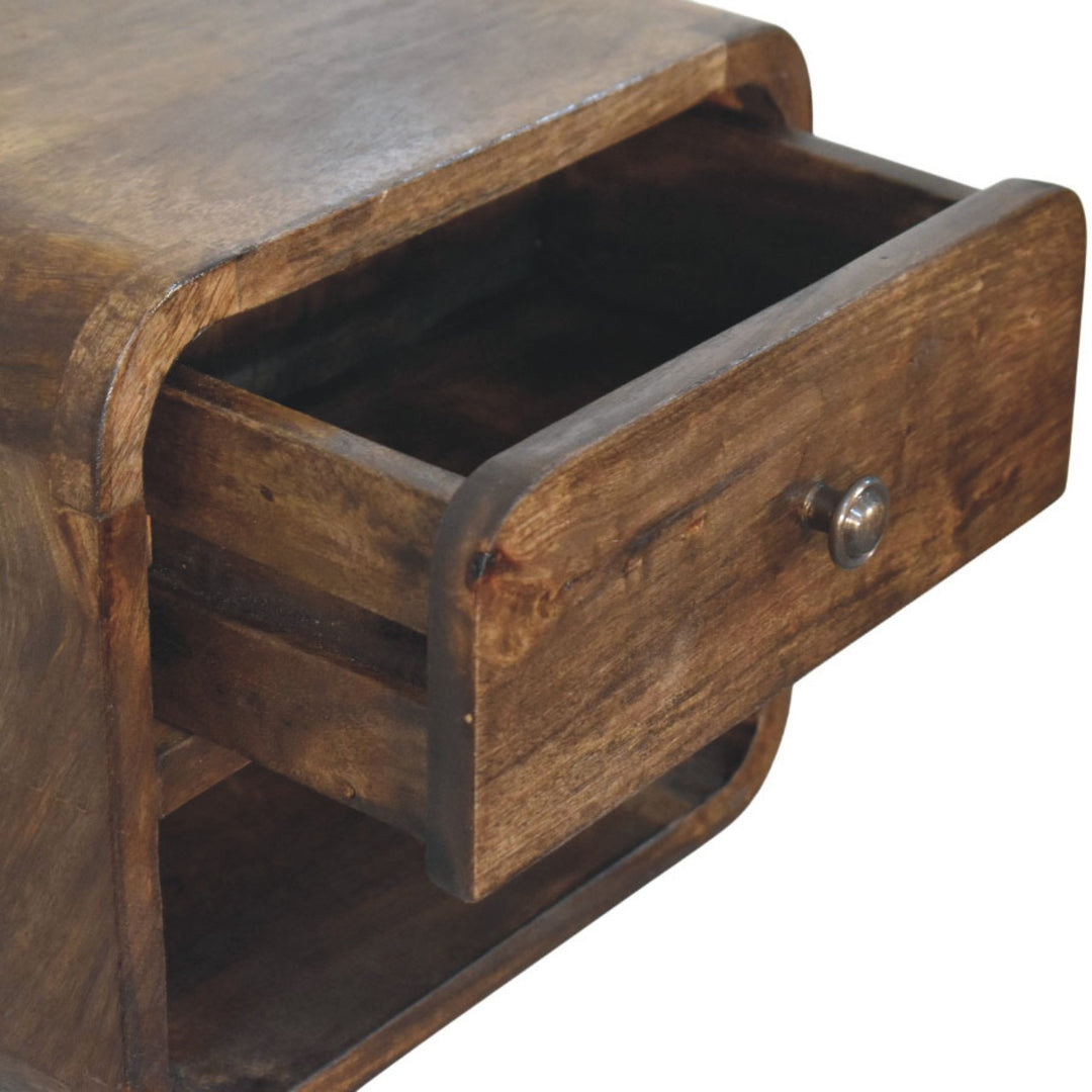 Brown Lacquered Solid Mango Wood Rounded Bedside Table with 1 Drawer & Open Niche