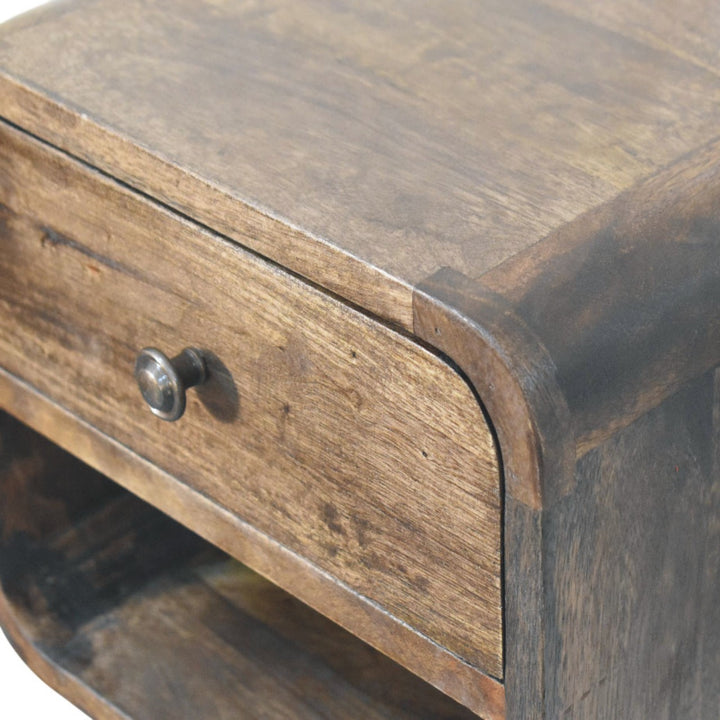 Brown Lacquered Solid Mango Wood Rounded Bedside Table with 1 Drawer & Open Niche