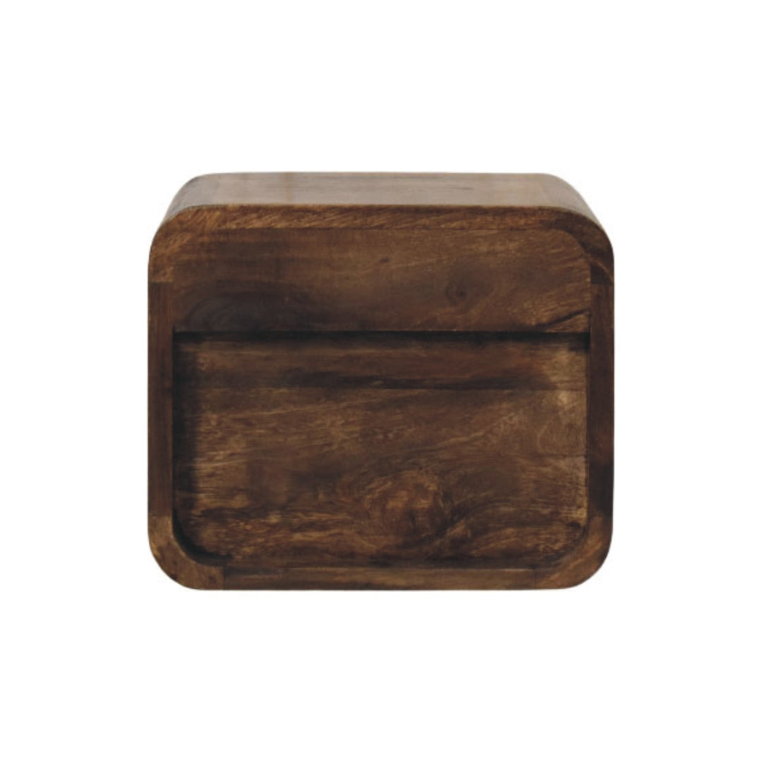 Brown Lacquered Solid Mango Wood Rounded Bedside Table with 1 Drawer & Open Niche