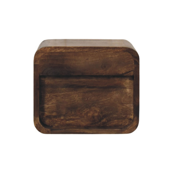 Brown Lacquered Solid Mango Wood Rounded Bedside Table with 1 Drawer & Open Niche