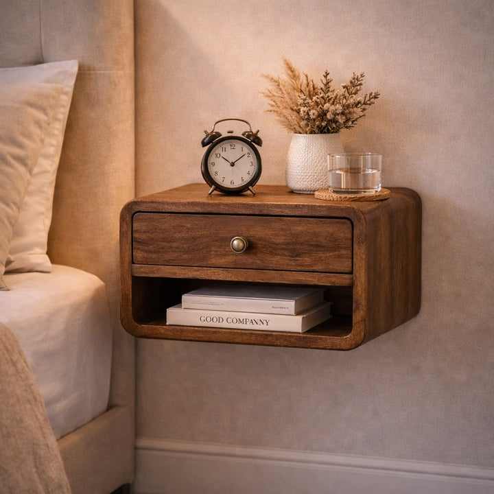 Brown Lacquered Solid Mango Wood Rounded Bedside Table with 1 Drawer & Open Niche