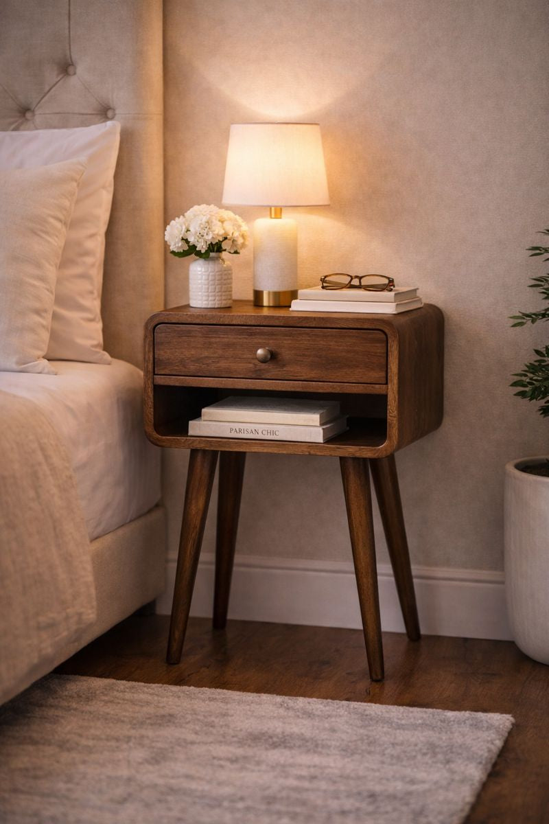 Brown Lacquered Solid Mango Wood Rounded Open Shelf Bedside with Tan Buffalo Leather