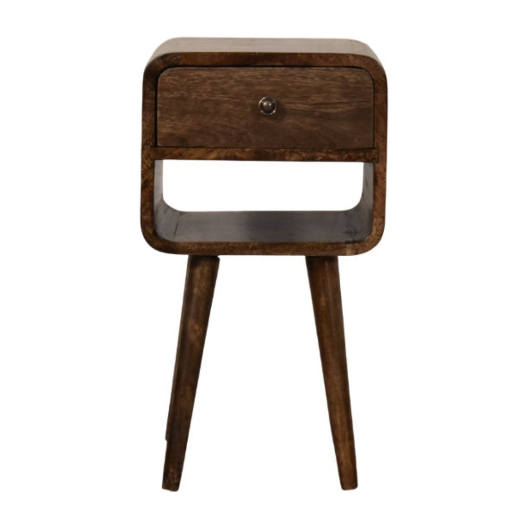 Brown Lacquered Solid Mango Wood Rounded Open Shelf Bedside with Tan Buffalo Leather