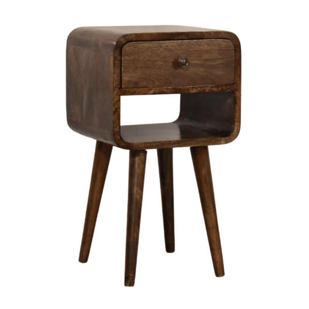 Brown Lacquered Solid Mango Wood Rounded Open Shelf Bedside with Tan Buffalo Leather