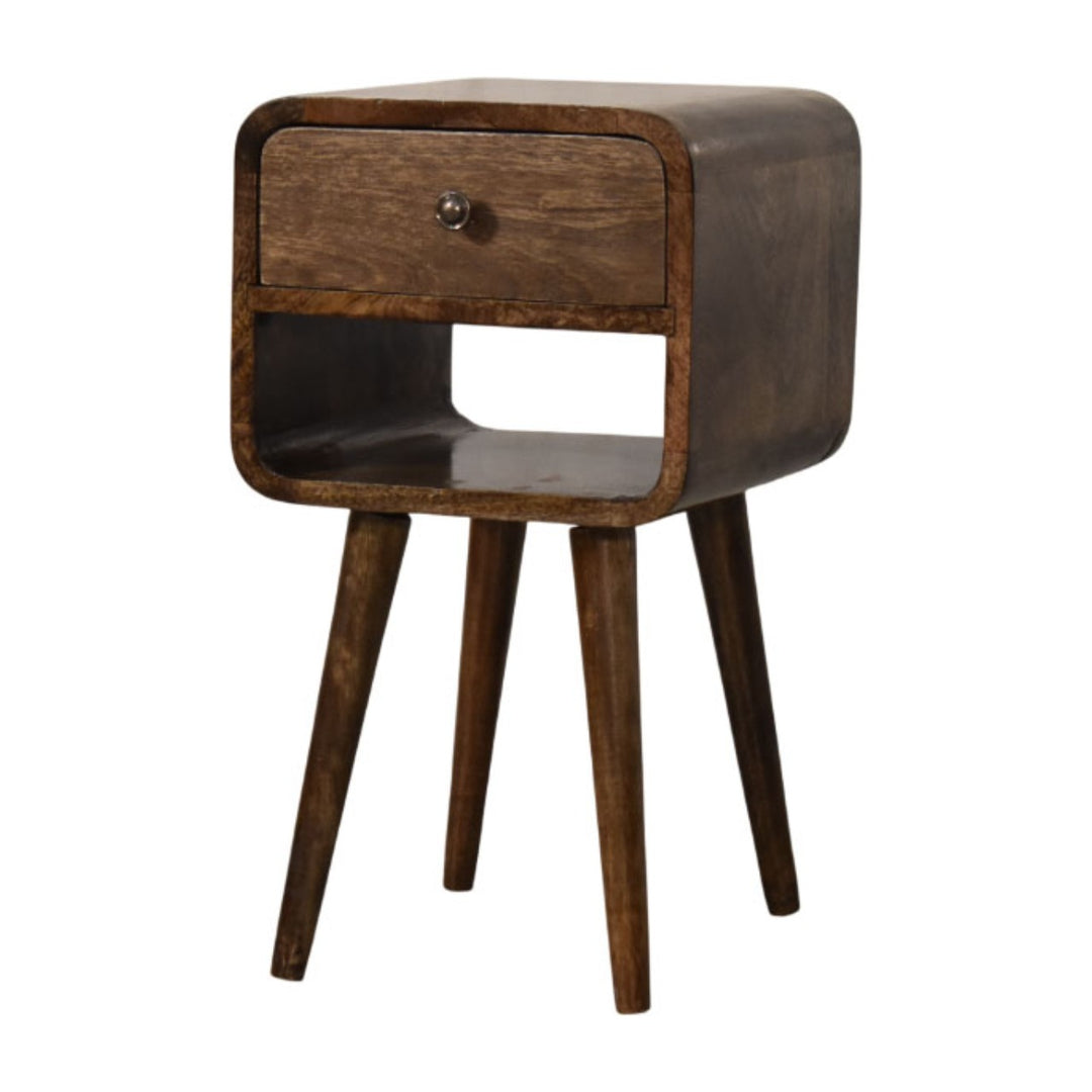 Brown Lacquered Solid Mango Wood Rounded Open Shelf Bedside with Tan Buffalo Leather