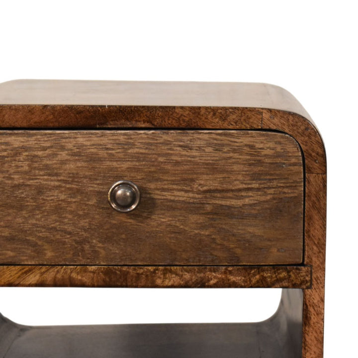 Brown Lacquered Solid Mango Wood Rounded Open Shelf Bedside with Tan Buffalo Leather