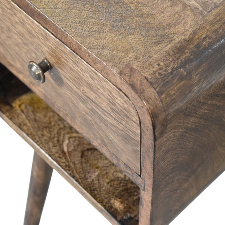 Brown Lacquered Solid Mango Wood Rounded Open Shelf Bedside with Tan Buffalo Leather