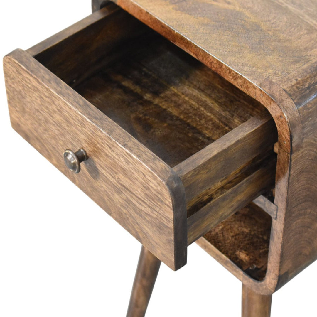 Brown Lacquered Solid Mango Wood Rounded Open Shelf Bedside with Tan Buffalo Leather