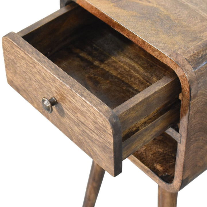 Brown Lacquered Solid Mango Wood Rounded Open Shelf Bedside with Tan Buffalo Leather