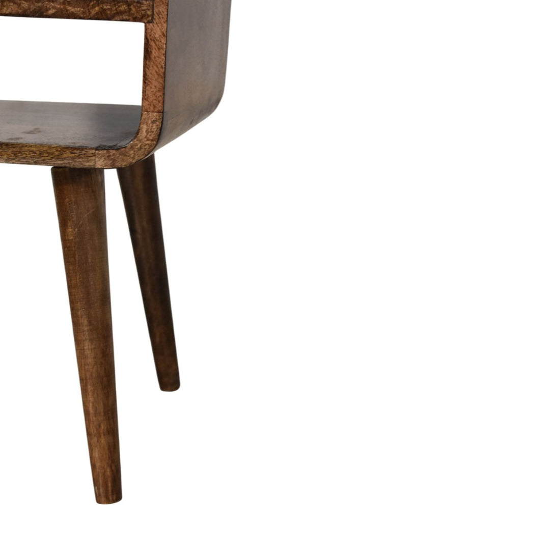 Brown Lacquered Solid Mango Wood Rounded Open Shelf Bedside with Tan Buffalo Leather
