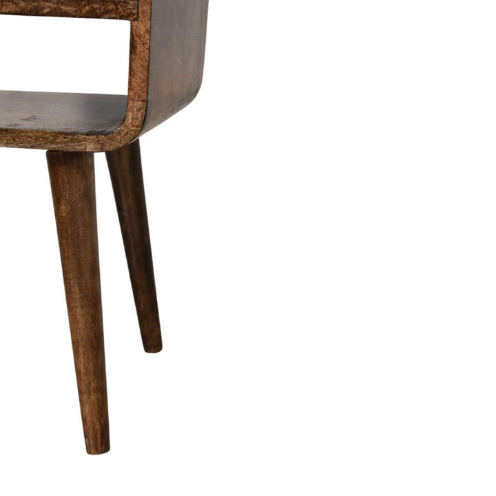 Brown Lacquered Solid Mango Wood Rounded Open Shelf Bedside with Tan Buffalo Leather