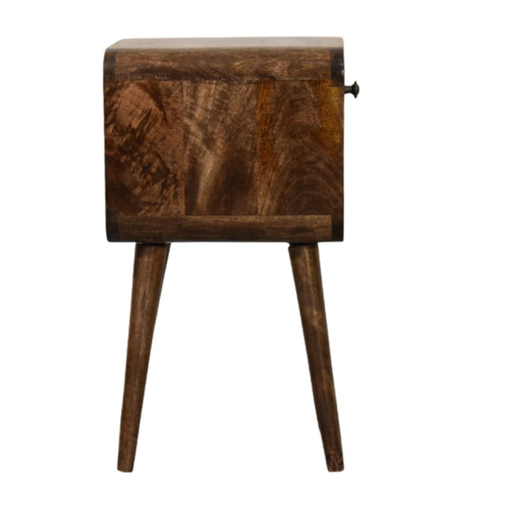 Brown Lacquered Solid Mango Wood Rounded Open Shelf Bedside with Tan Buffalo Leather