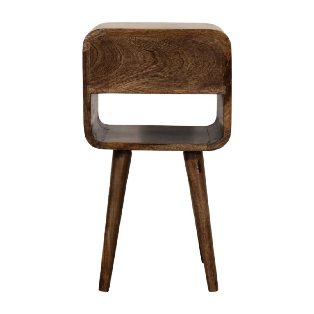 Brown Lacquered Solid Mango Wood Rounded Open Shelf Bedside with Tan Buffalo Leather