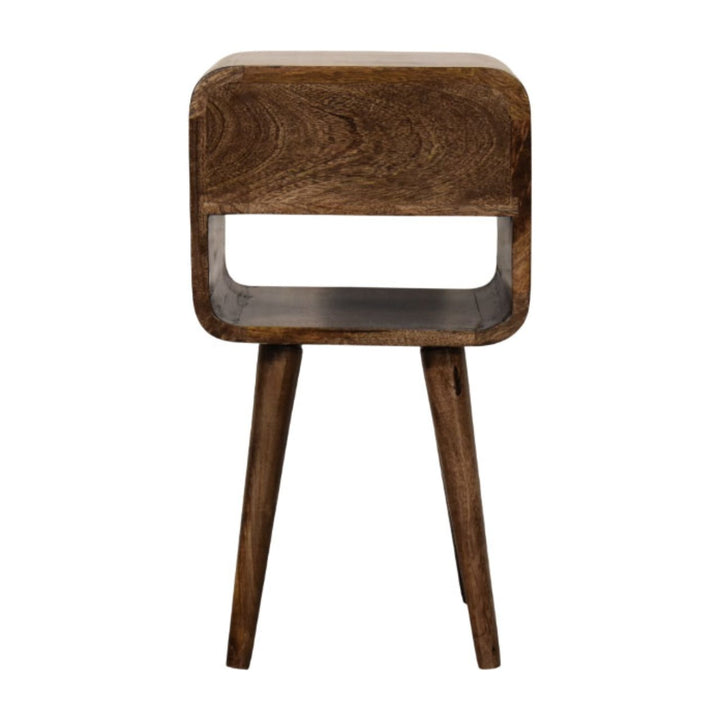 Brown Lacquered Solid Mango Wood Rounded Open Shelf Bedside with Tan Buffalo Leather