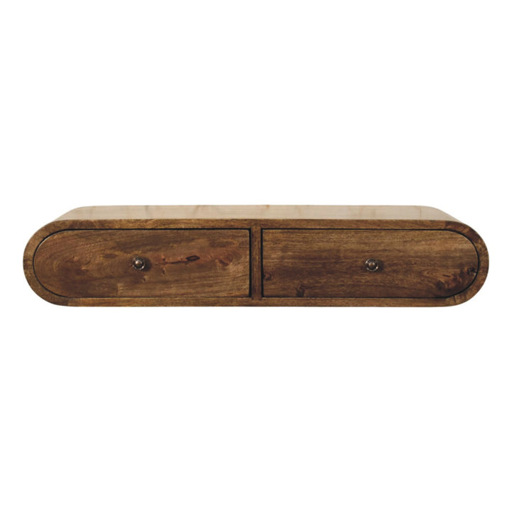 Brown Lacquered Solid Wood Wall Console Table with 2 Drawers & Brass Knobs