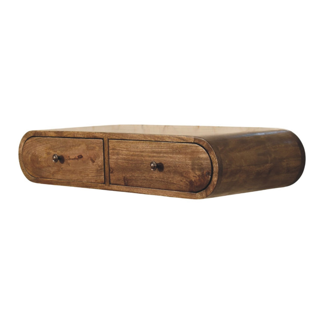 Brown Lacquered Solid Wood Wall Console Table with 2 Drawers & Brass Knobs