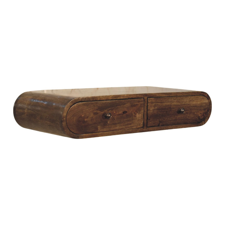 Brown Lacquered Solid Wood Wall Console Table with 2 Drawers & Brass Knobs