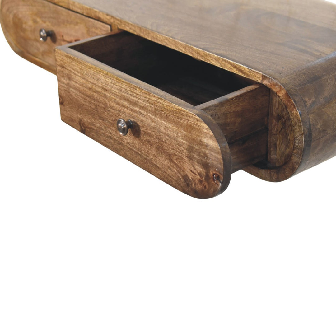 Brown Lacquered Solid Wood Wall Console Table with 2 Drawers & Brass Knobs