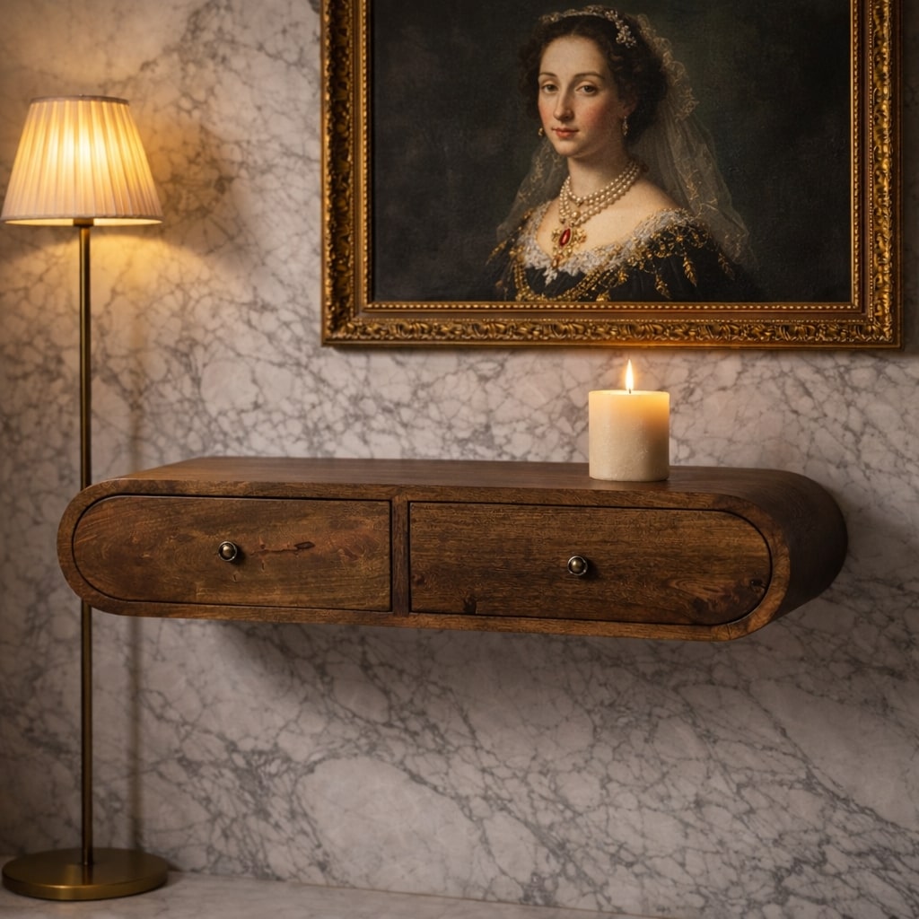 Brown Lacquered Solid Wood Wall Console Table with 2 Drawers & Brass Knobs