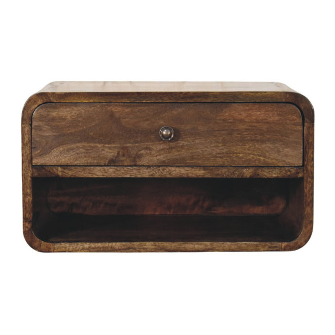 Brown Lacquered Classic Grey Solid Mango Wood Rounded Edge Bedside with 1 Drawer & Open Niche