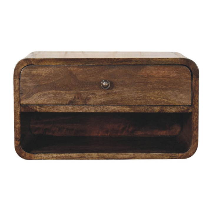 Brown Lacquered Classic Grey Solid Mango Wood Rounded Edge Bedside with 1 Drawer & Open Niche