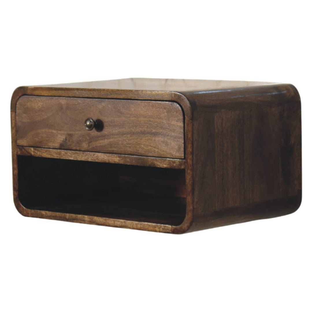 Brown Lacquered Classic Grey Solid Mango Wood Rounded Edge Bedside with 1 Drawer & Open Niche